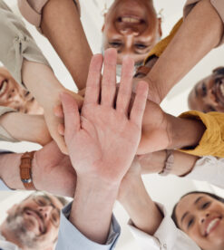 Hands, stack and team building, business people and support with winning, planning and mission, low angle and trust. corporate community, success and solidarity, collaboration and palm with synergy